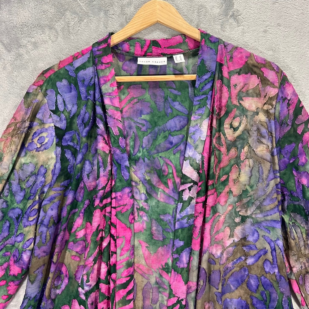 SUSAN GRAVER Cardigan Womens Large Multicolor Floral Burnout Open Front Liquid